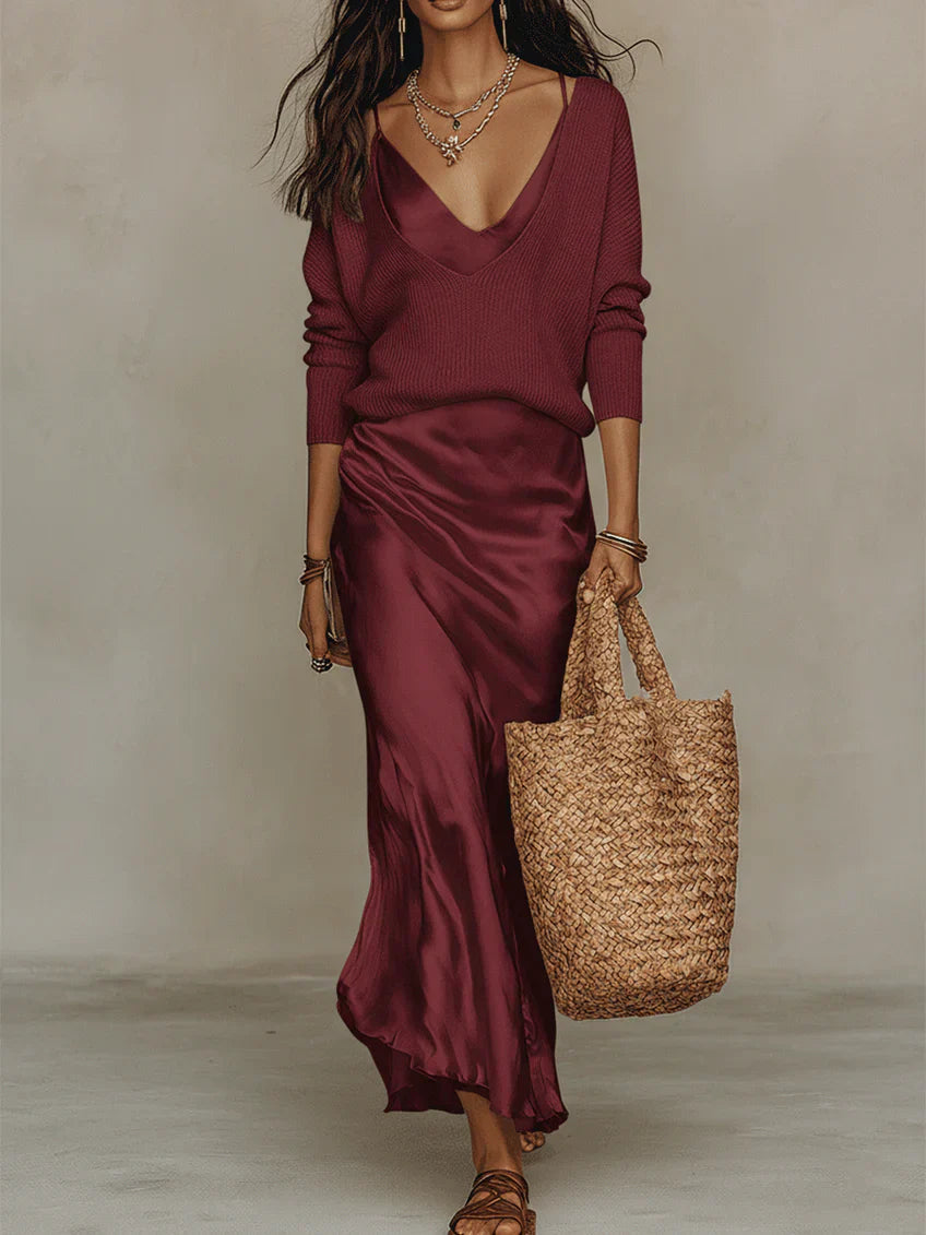 ALMA | SATIN MIDI DRESS WITH SWEATER