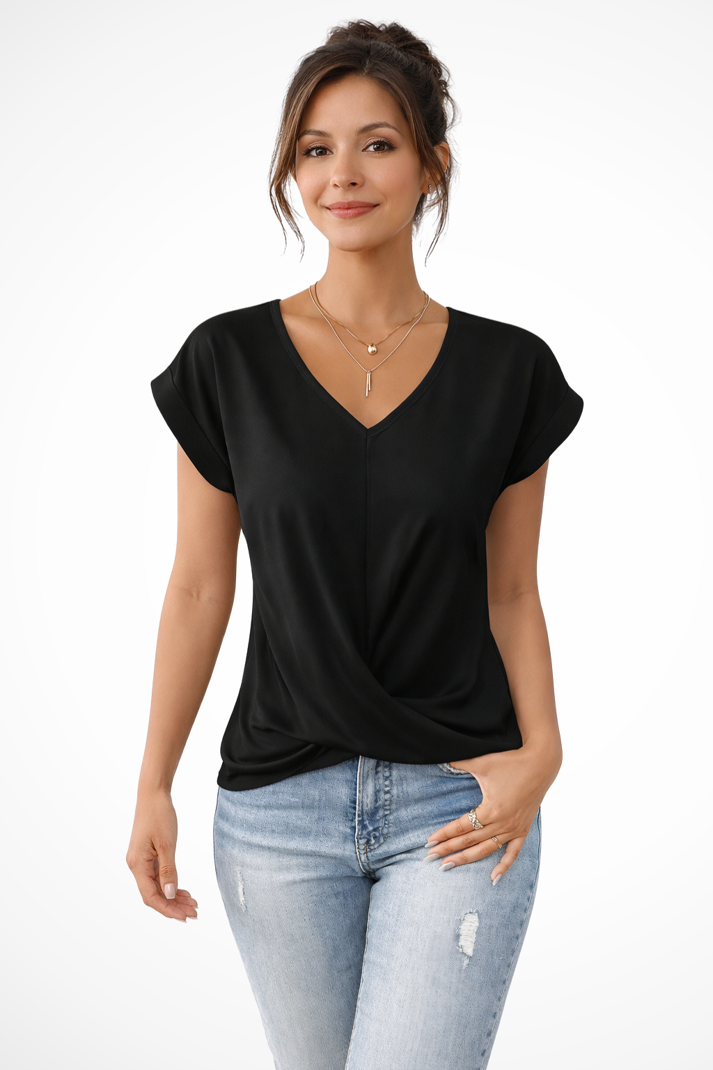 LILLIA | SHORT-SLEEVED V-NECK TOP WITH KNOT HEM