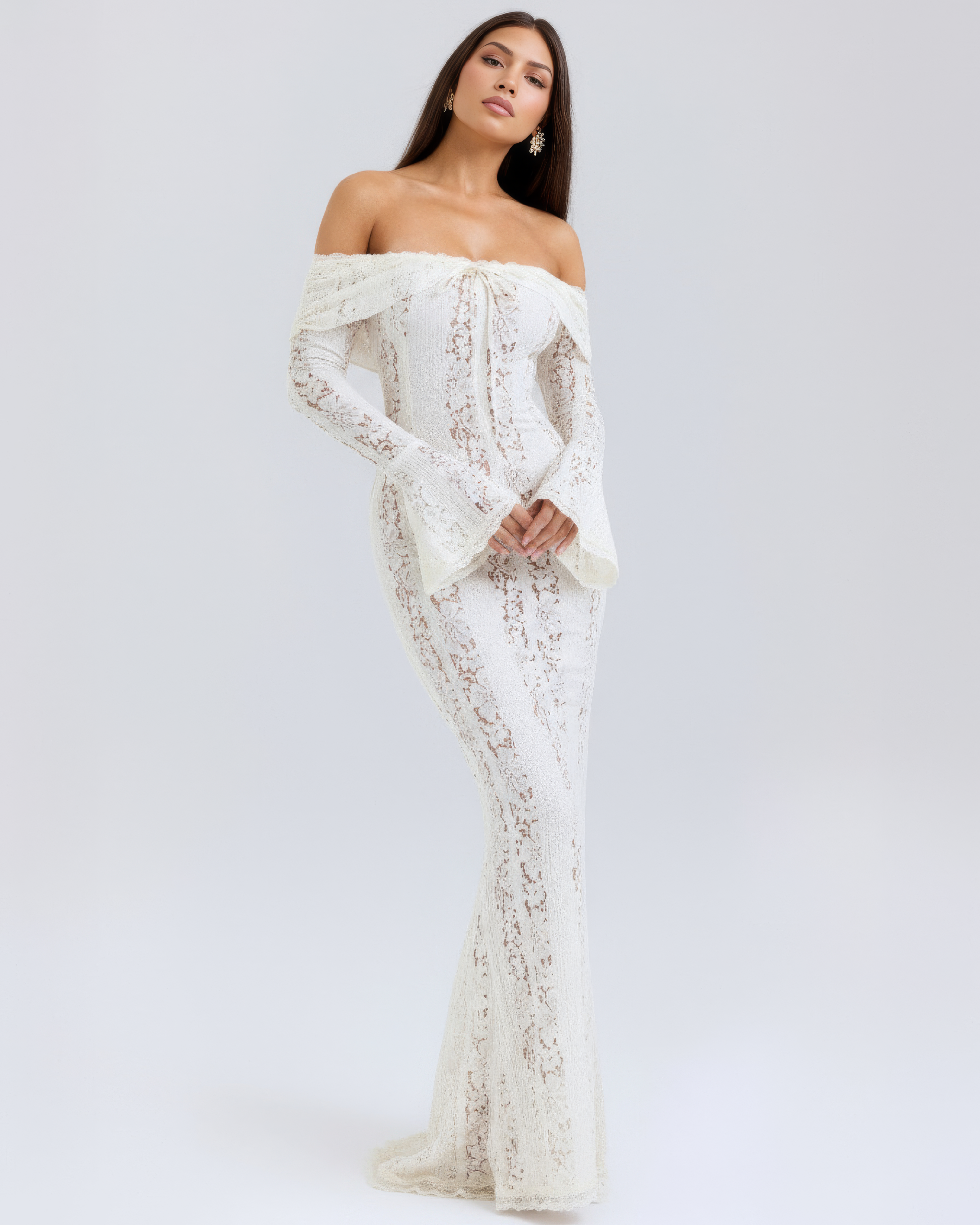 DONATELLA | LONG WHITE OFF-SHOULDER LACE DRESS