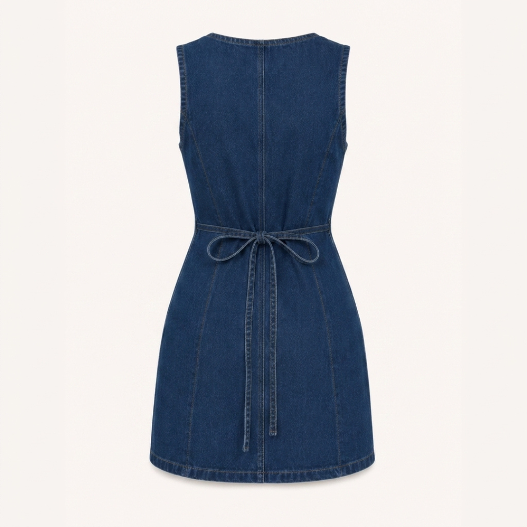 EMMA | V-NECK DENIM DRESS WITH FRONT BUTTONS AND WAIST BELT