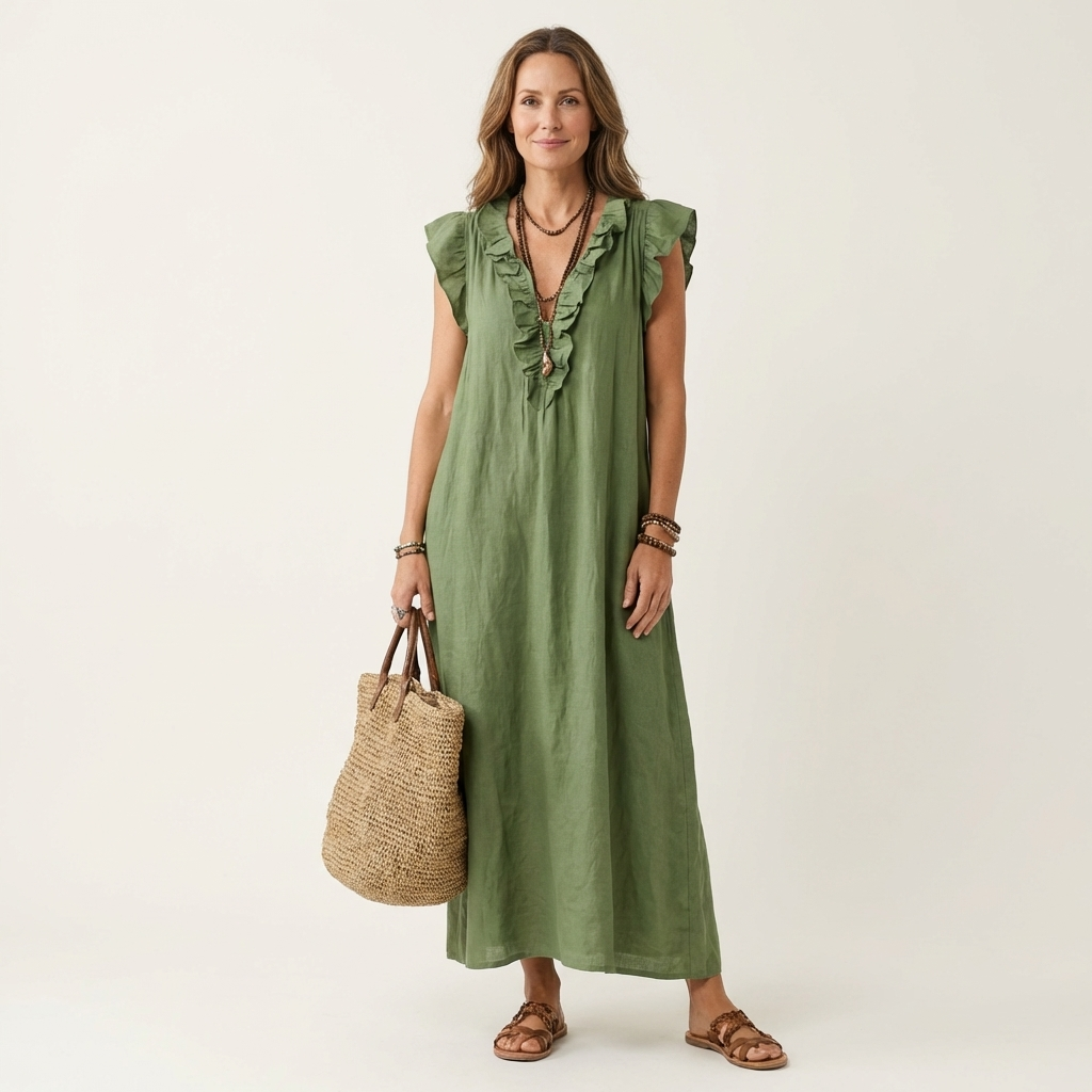 PALMIRA | LONG DRESS WITH A V-NECK AND SOFT RUFFLES