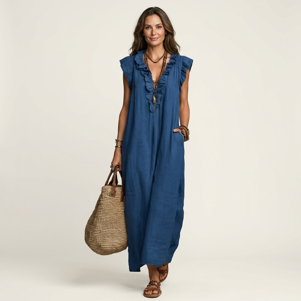 PALMIRA | LONG DRESS WITH A V-NECK AND SOFT RUFFLES