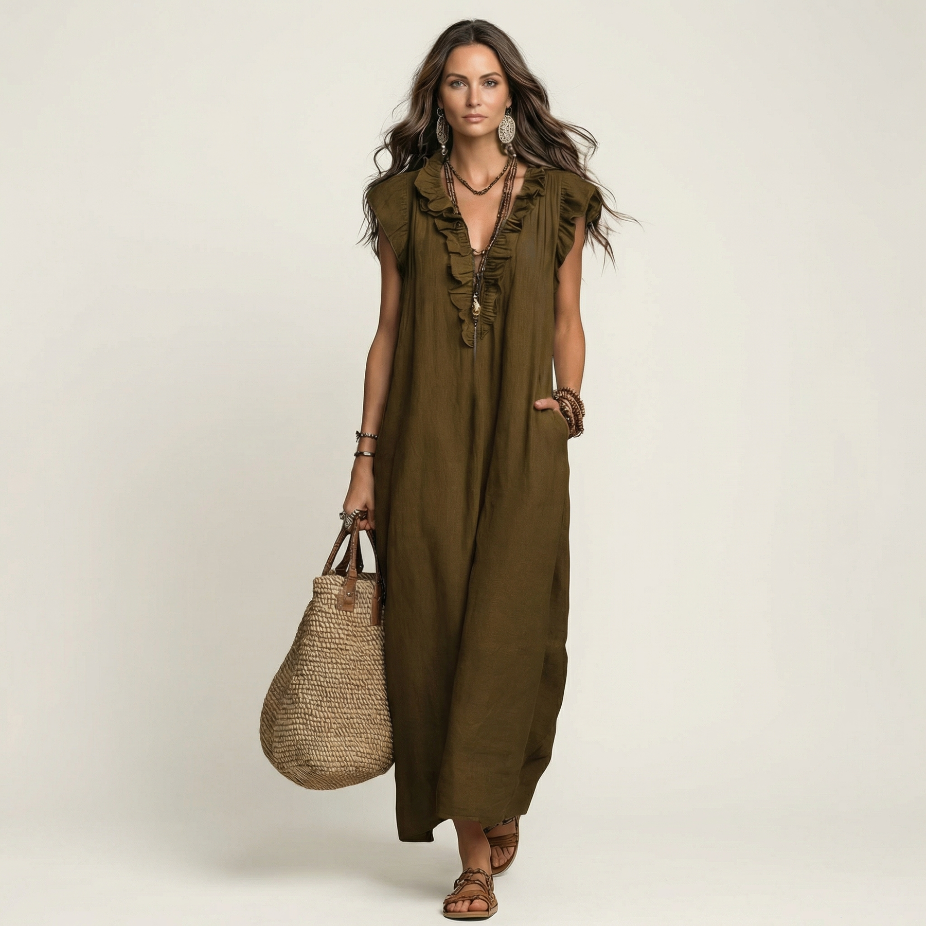PALMIRA | LONG DRESS WITH A V-NECK AND SOFT RUFFLES