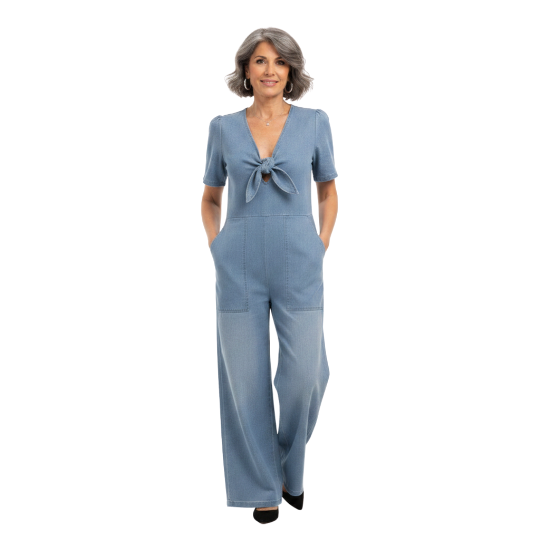 GAIA | V-NECK, WIDE-LEG DENIM JUMPSUIT