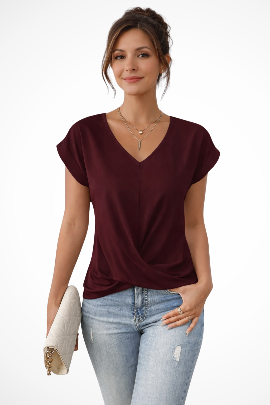 LILLIA | SHORT-SLEEVED V-NECK TOP WITH KNOT HEM