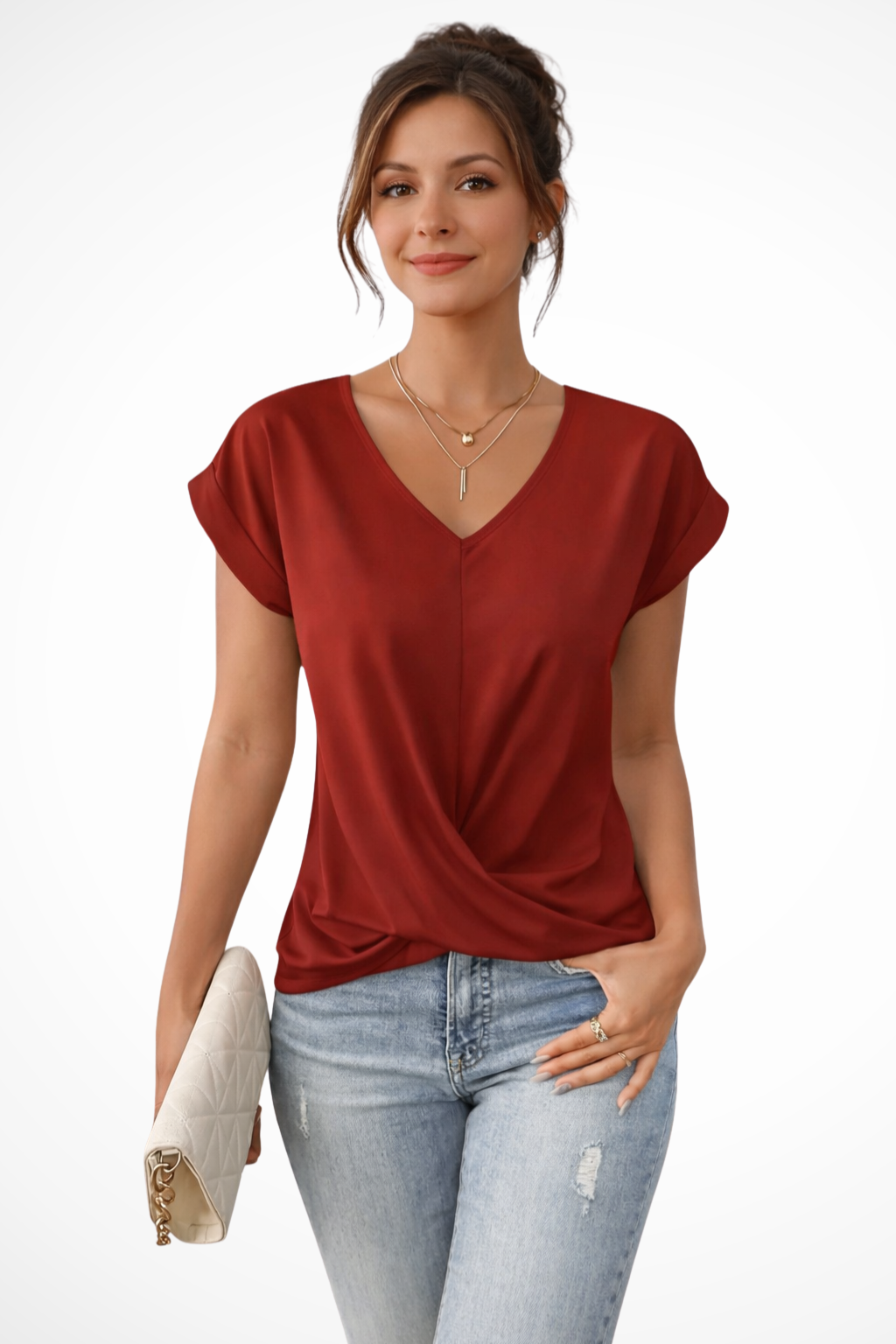 LILLIA | SHORT-SLEEVED V-NECK TOP WITH KNOT HEM