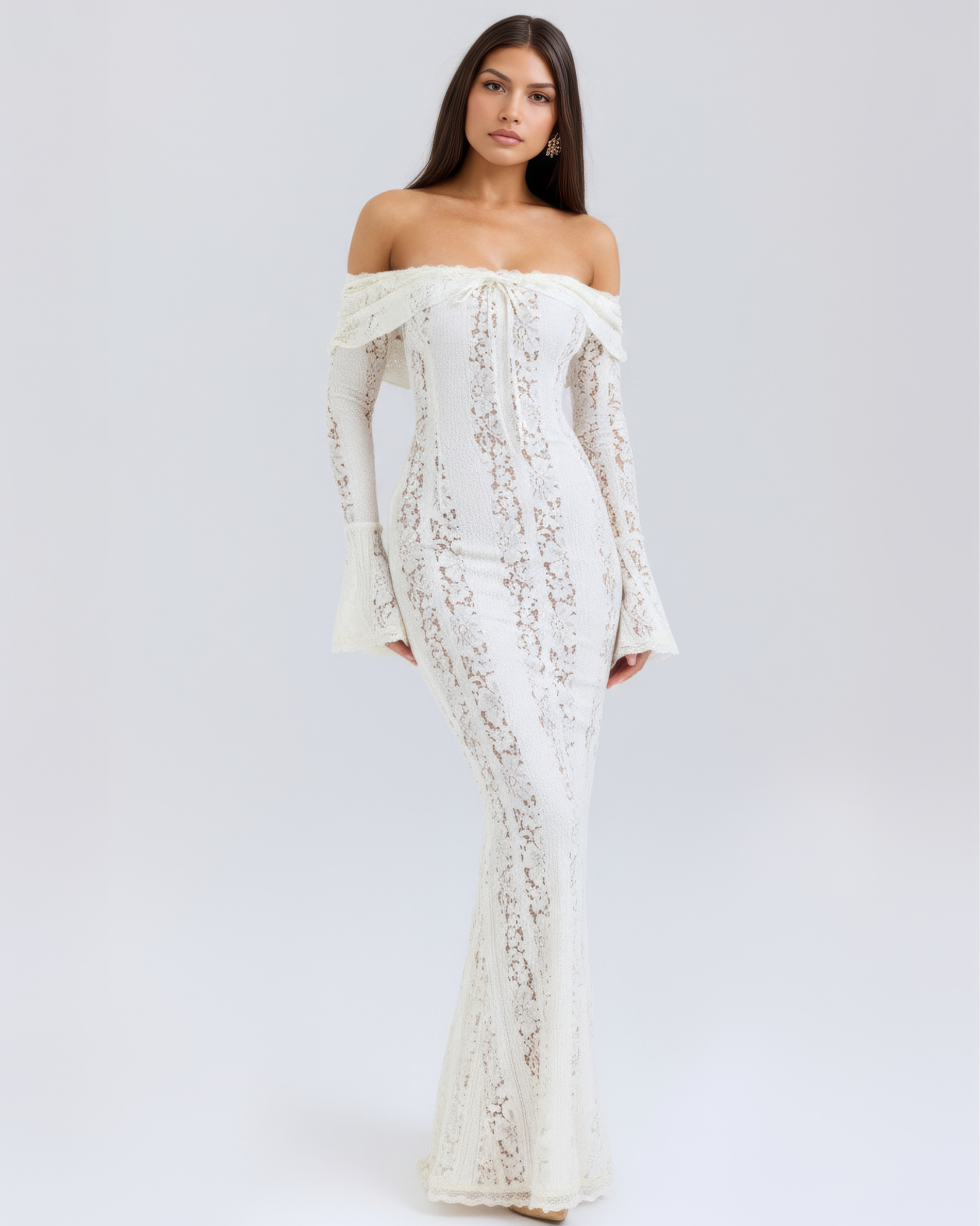 DONATELLA | LONG WHITE OFF-SHOULDER LACE DRESS