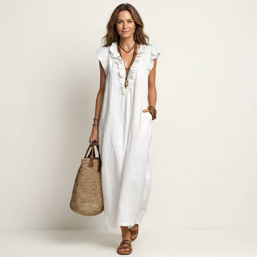PALMIRA | LONG DRESS WITH A V-NECK AND SOFT RUFFLES