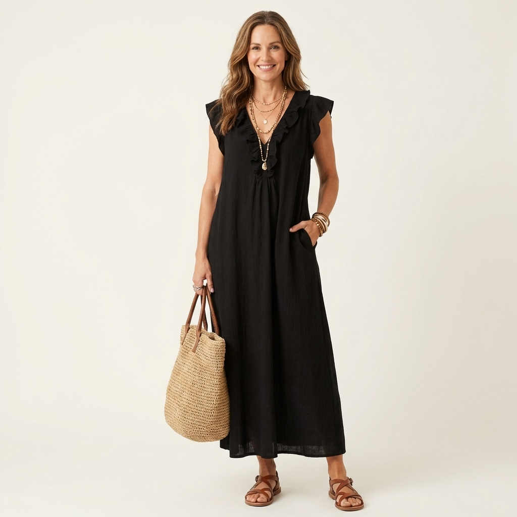 PALMIRA | LONG DRESS WITH A V-NECK AND SOFT RUFFLES