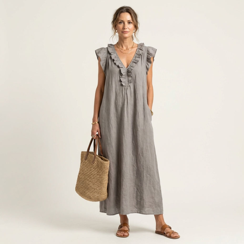 PALMIRA | LONG DRESS WITH A V-NECK AND SOFT RUFFLES