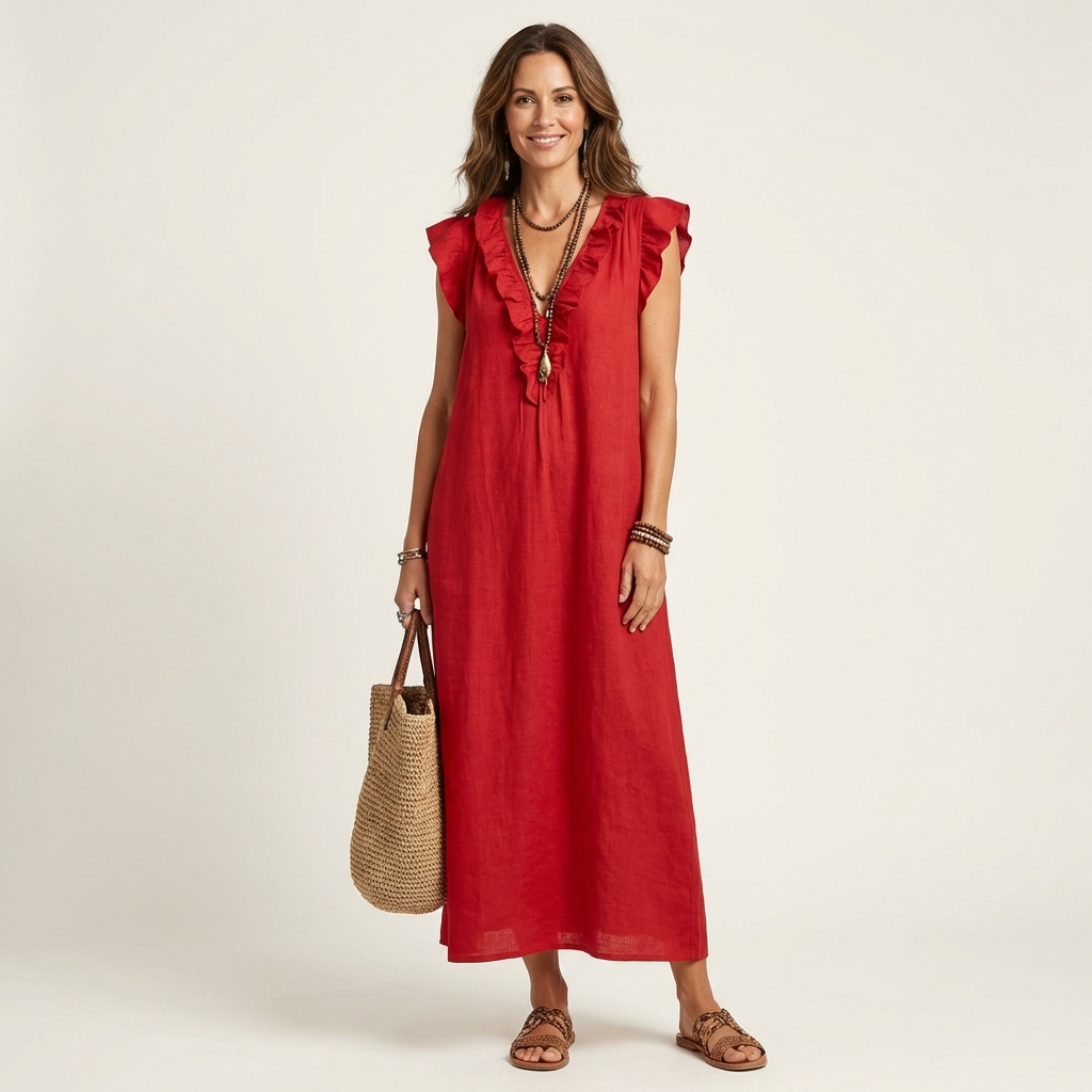 PALMIRA | LONG DRESS WITH A V-NECK AND SOFT RUFFLES