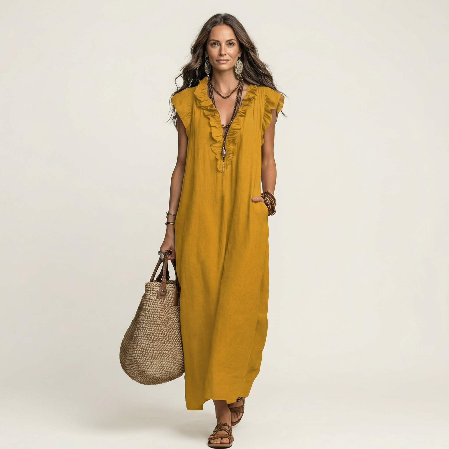 PALMIRA | LONG DRESS WITH A V-NECK AND SOFT RUFFLES